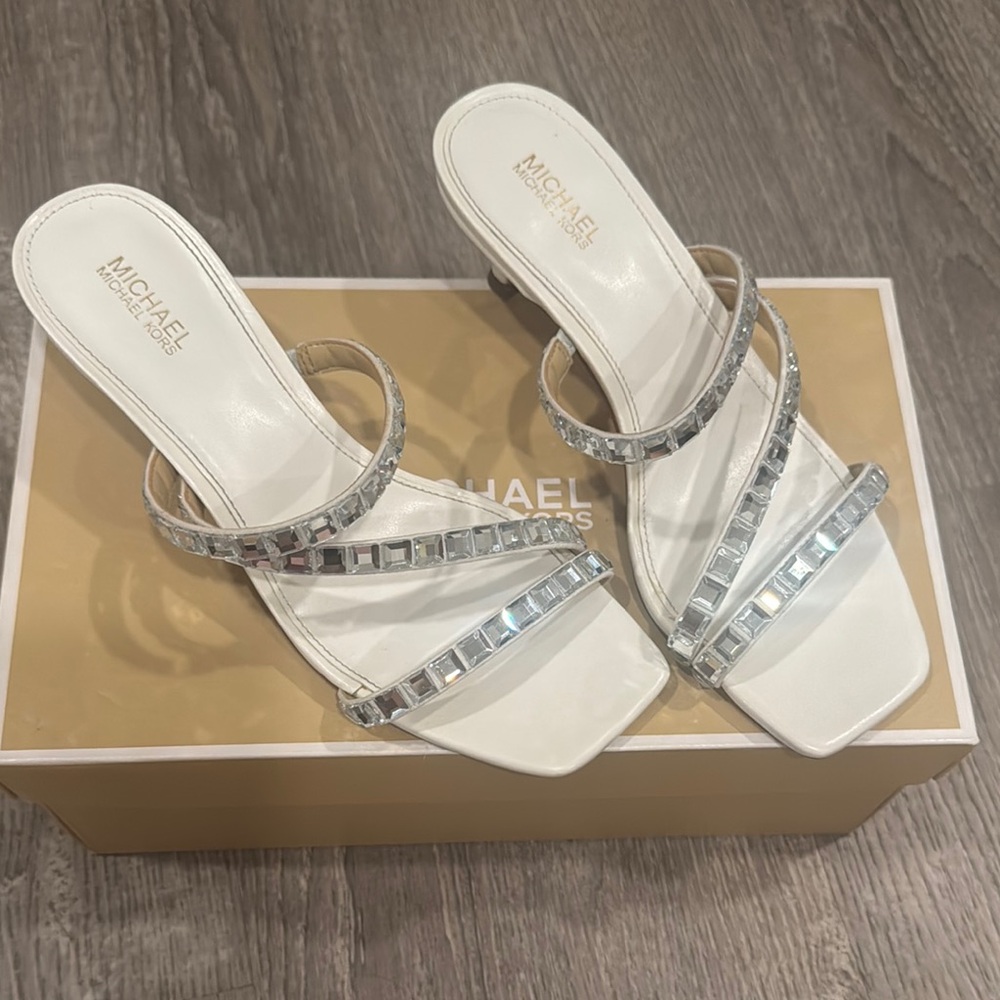 Michael Kors White Crystal Embellished Slide Heels